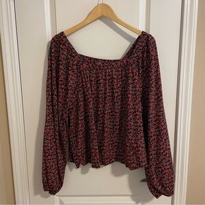 Gap Square Neck Floral Print Long Sleeve Blouse Red Black Size XL